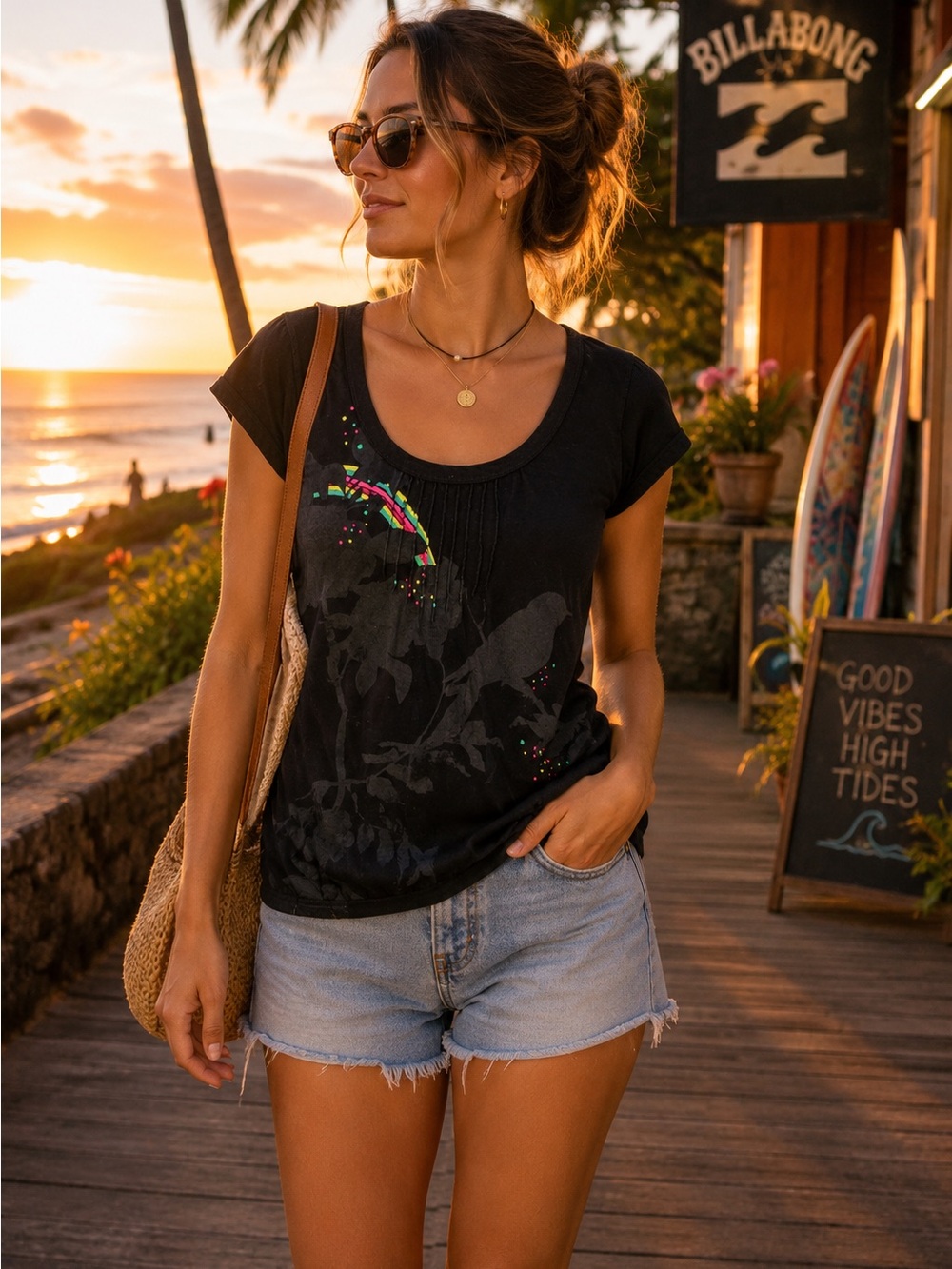 Billabong Black Graphic Tee Tropical Floral Cotton Top Size 10